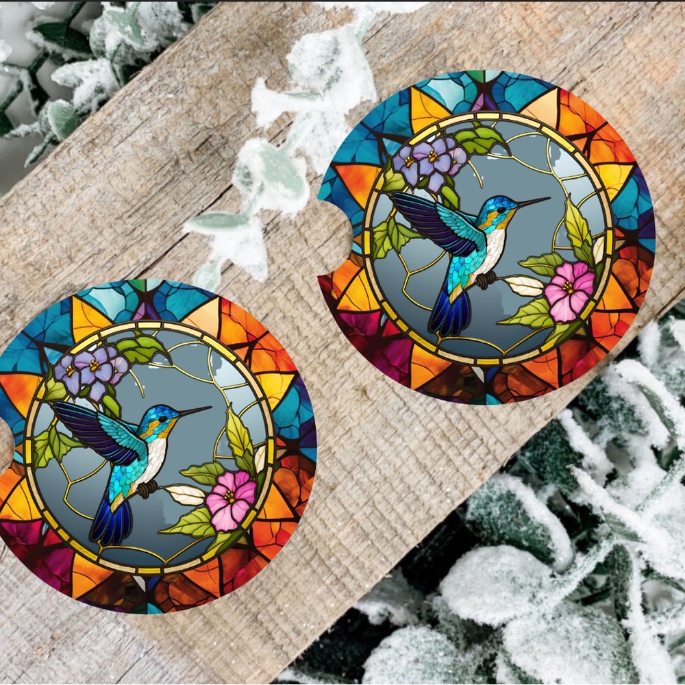 Handmade Blue Hummingbird Car Coasters | New Set Of Two Hummingbird Car Coasters